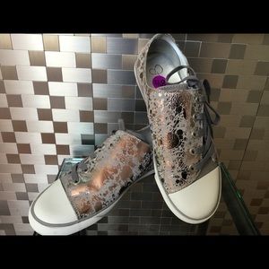 Copper metallic asymmetrical designer sneakers